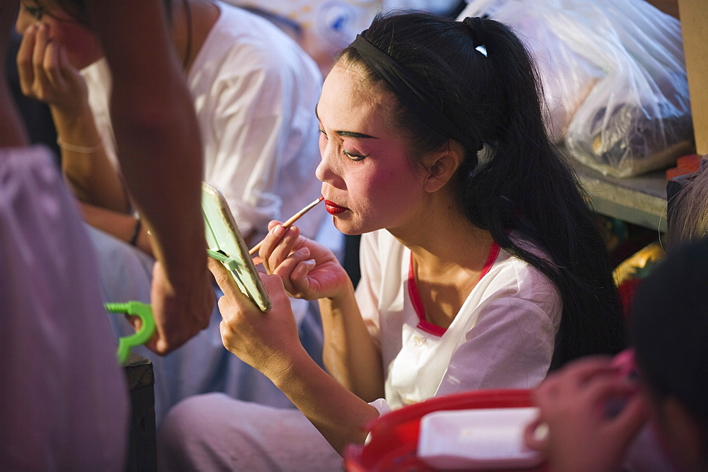 Putting on makeup for Taiwanese Chinese Opera, Georgetown, Penang, Malaysia, Southeast Asia, Asia