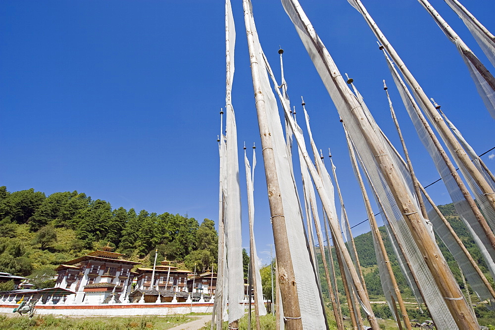 Funeral prayer flags at Kurjey Lhakhang temple built in 1652 by Mingyur Tenpu, Jakar, Bumthang, Chokor Valley, Bhutan, Asia