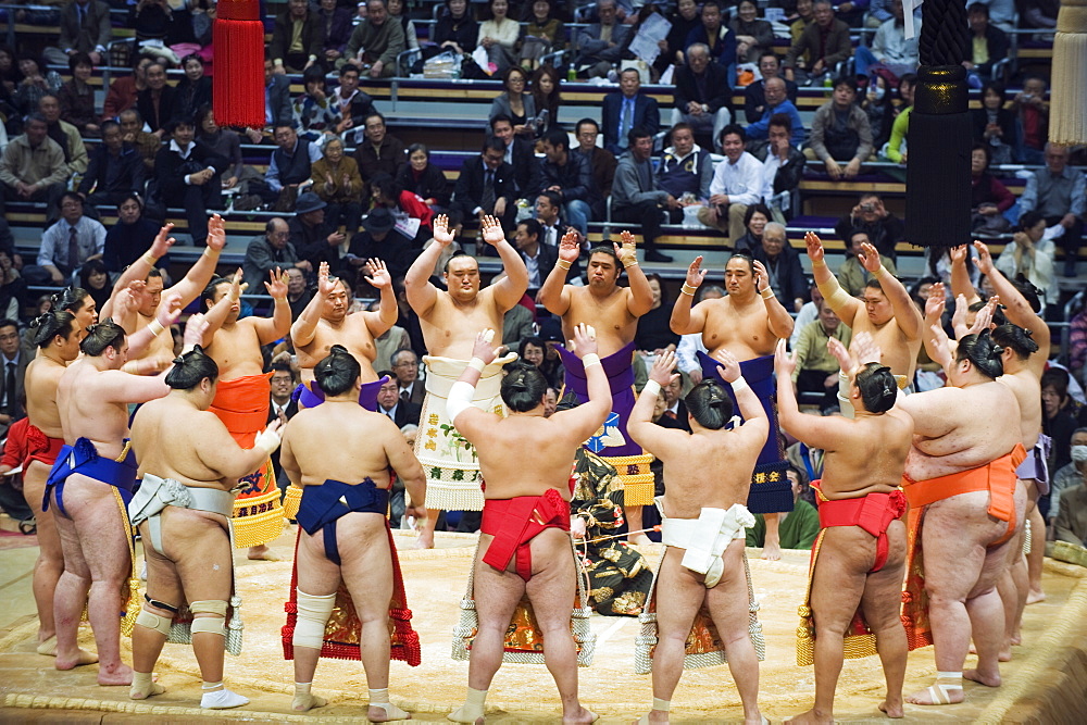 Fukuoka Sumo competition, entering the ring ceremony, Kyushu Basho, Fukuoka city, Kyushu, Japan, Asia