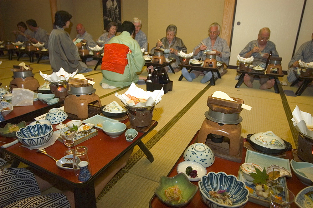 Traditional Japanese inn ryokan meal, Hiroshima prefecture, Honshu, Japan, Asia