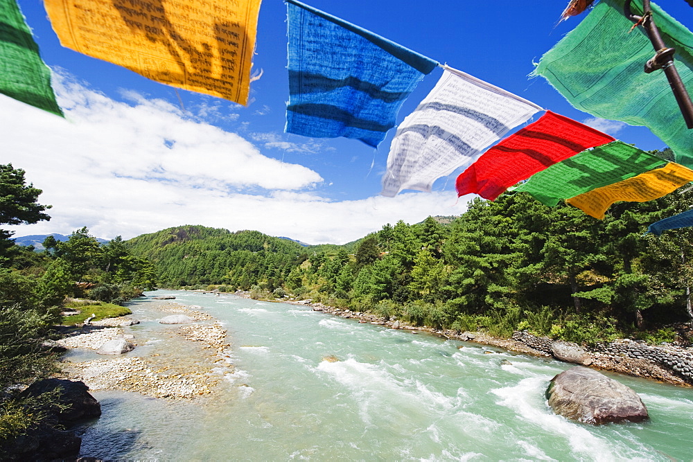 Prayer flags on a bridge, Bumthang, Chokor Valley, Bhutan, Asia