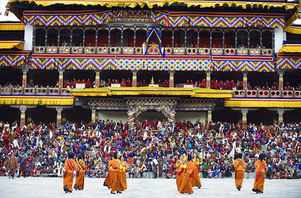 Dancers in traditional costume, Autumn Tsechu (festival) at Trashi Chhoe Dzong, Thimpu, Bhutan, Asia