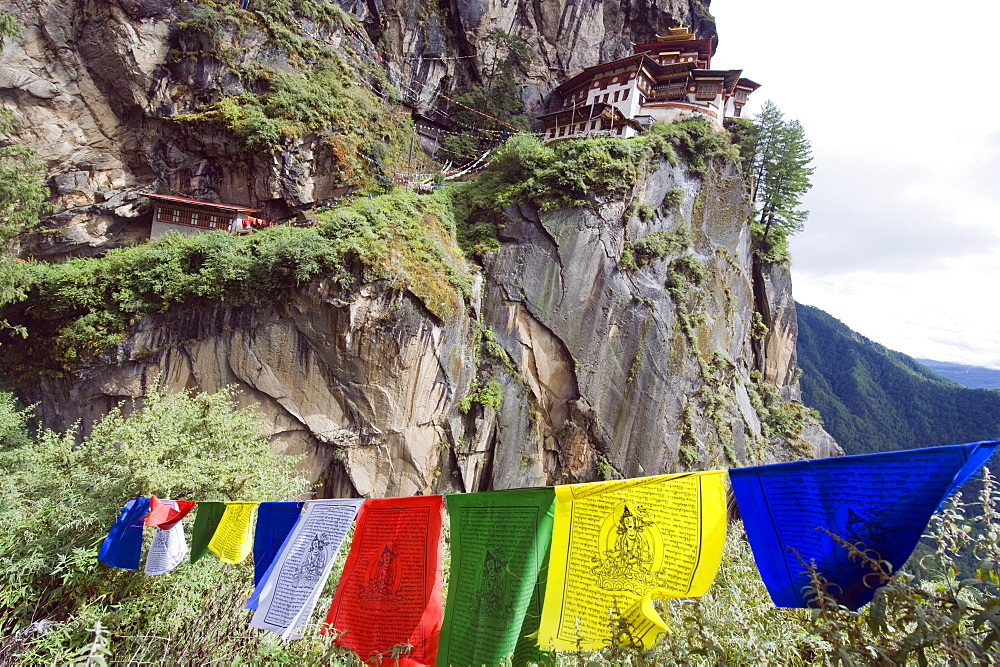 Prayer flags at the Tigers Nest (Taktsang Goemba), Paro Valley, Bhutan, Asia