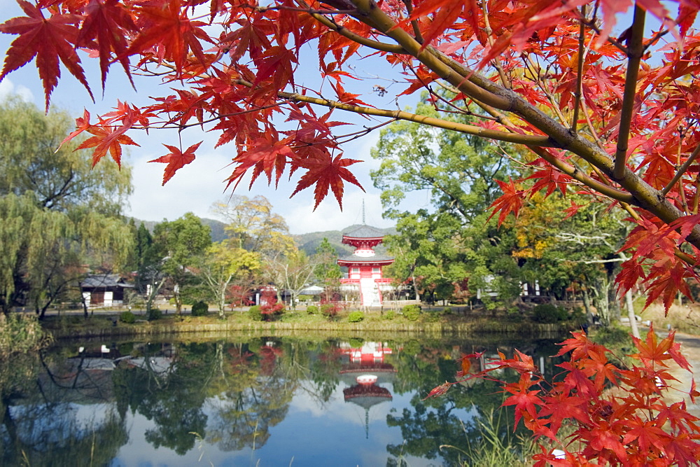 Pagoda on Osawa Pond, Daikaku ji (Daikakuji) Temple, dating from 876, Sagano area, Kyoto, Japan, Asia