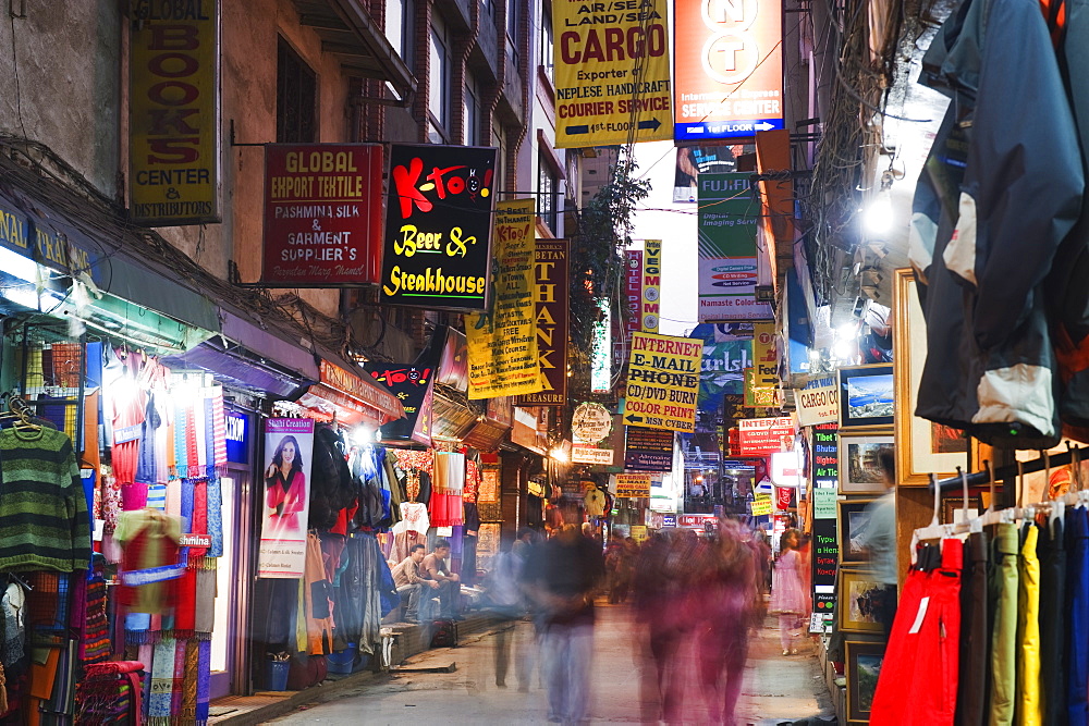 Neon lights of Thamel, Kathmandu, Nepal, Asia