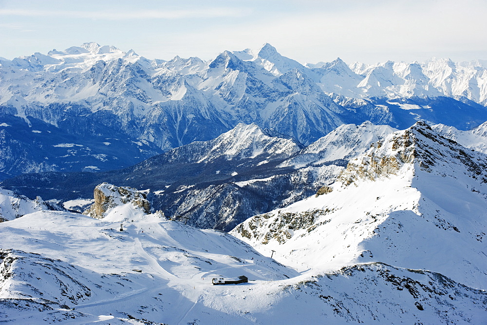 Mountain scenery in Cervinia ski resort, Cervinia, Valle d'Aosta, Italian Alps, Italy, Europe