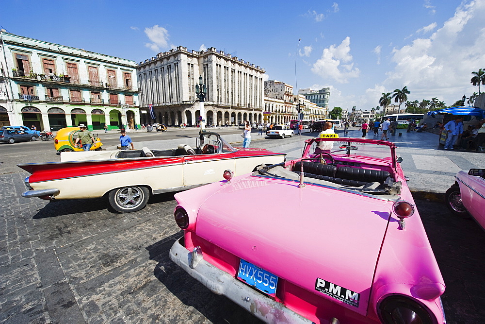 Bright pink 1950s classic American Car, Central Havana, Cuba, West Indies, Caribbean, Central America