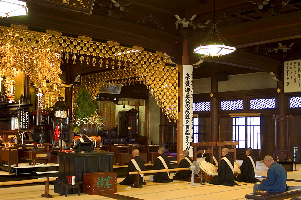 Buddhist monks performing prayers and music, Kyoto city, Honshu, Japan, Asia