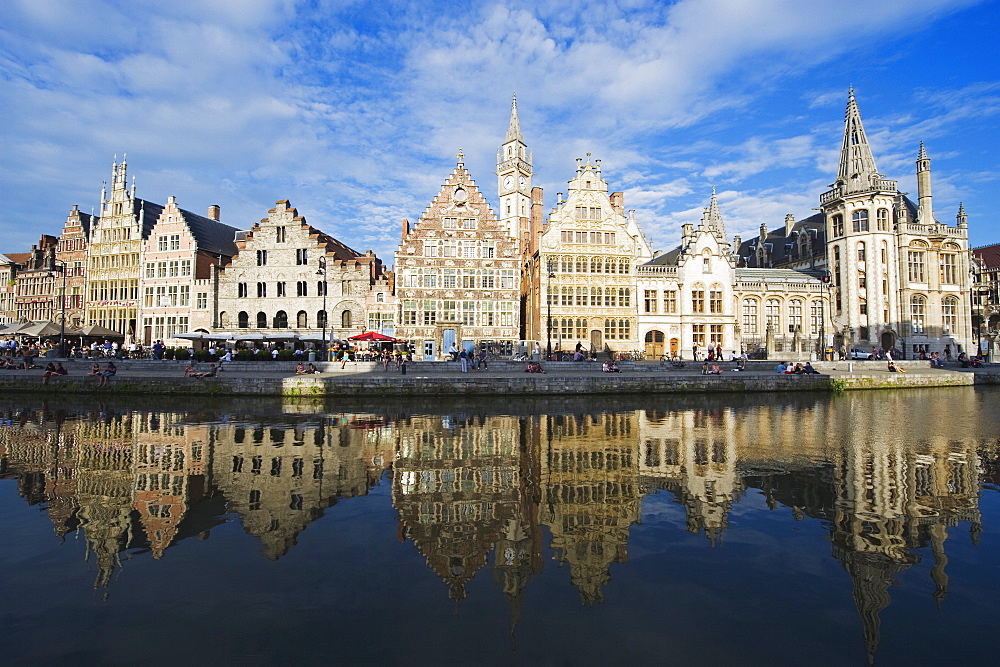 Reflection of waterfront town houses, Ghent, Flanders, Belgium, Europe