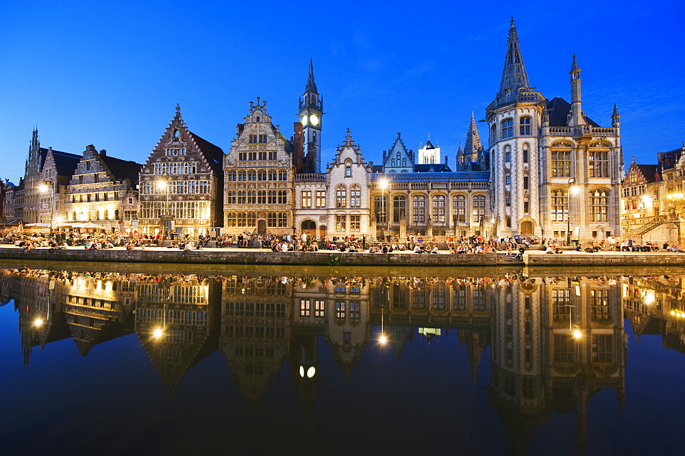 Night time reflection of waterfront town houses, Ghent, Flanders, Belgium, Europe