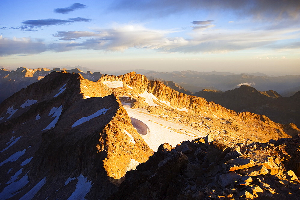 View at sunrise, view from Pico de Aneto, at 3404m the highest peak in the Pyrenees, Spain, Europe