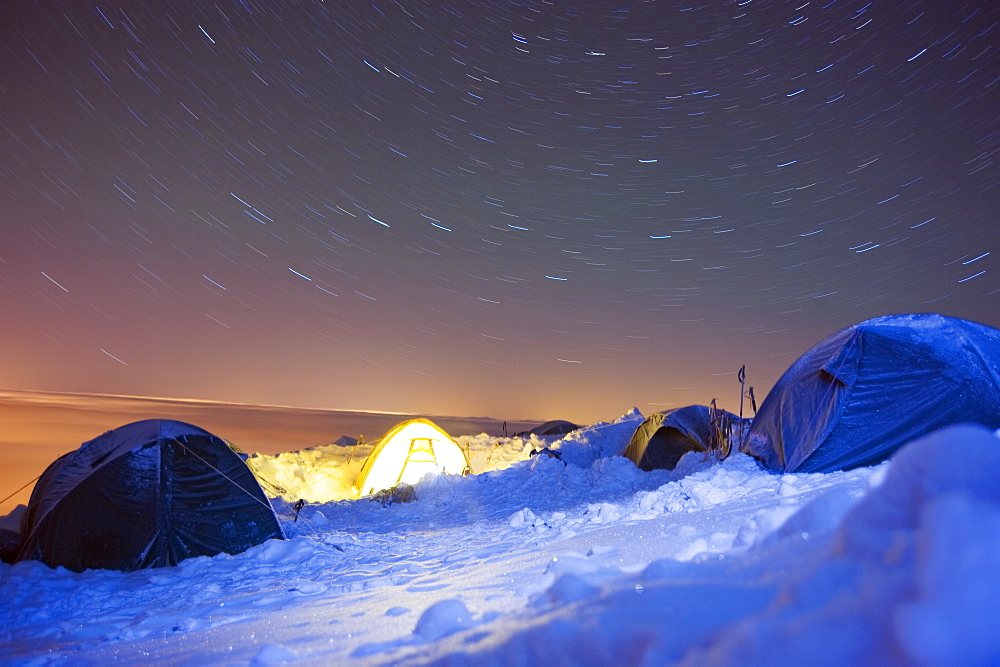 Star trails, camp site at 4000m on Mont Blanc, Chamonix, French Alps, France, Europe