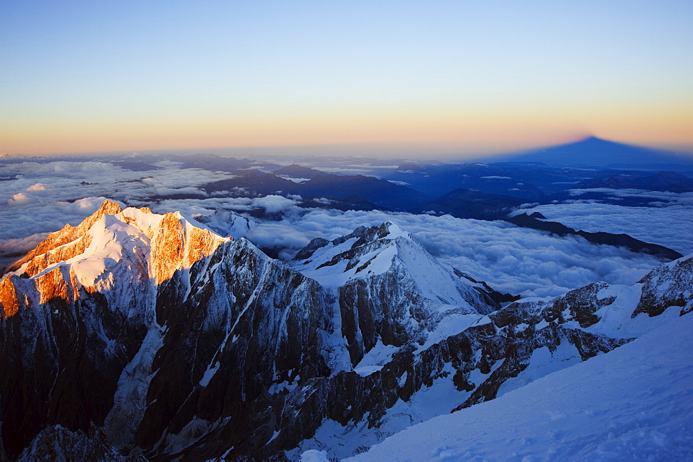 Sunrise, shadow of Mont Blanc, Mont Blanc range, Chamonix, French Alps, France, Europe