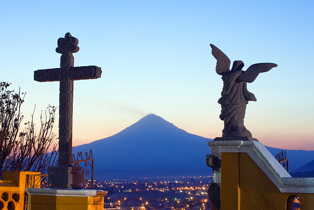 Santuario de Nuestra Senora de los Remedios and Volcan de Popocatepetl, 5452m, Cholula, Puebla state, Mexico North America