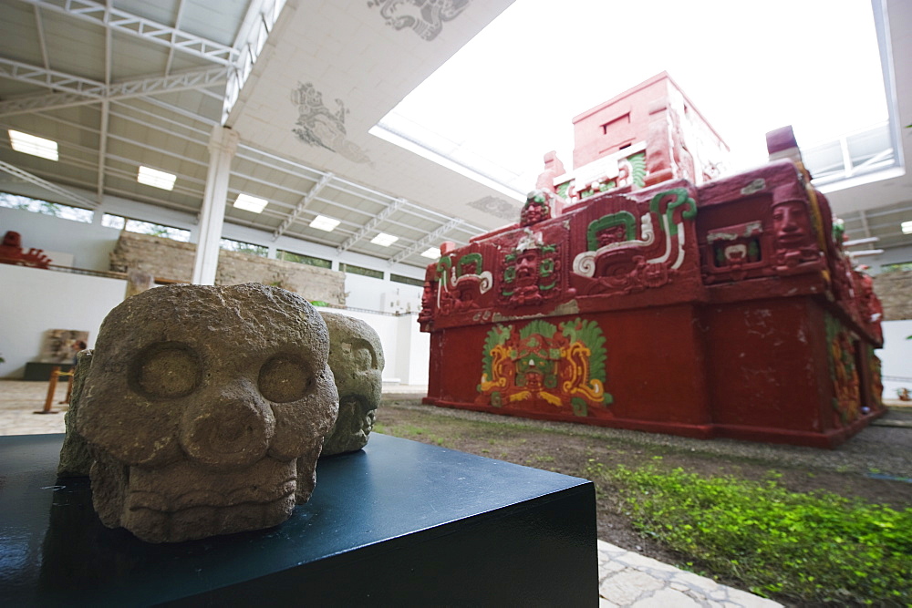 Mayan skull and Rosalila temple replica, Museum of Sculpture, Copan Ruins, Honduras, Central America