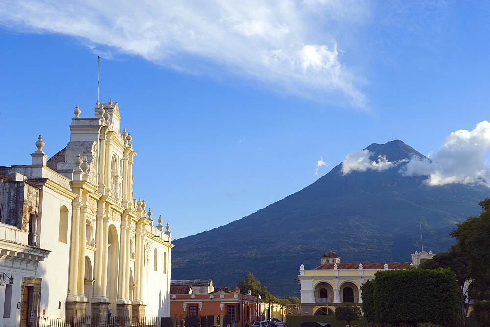 Volcan de Agua, 3765m, and Cathedral, Antigua, UNESCO World Heritage Site, Guatemala, Central America