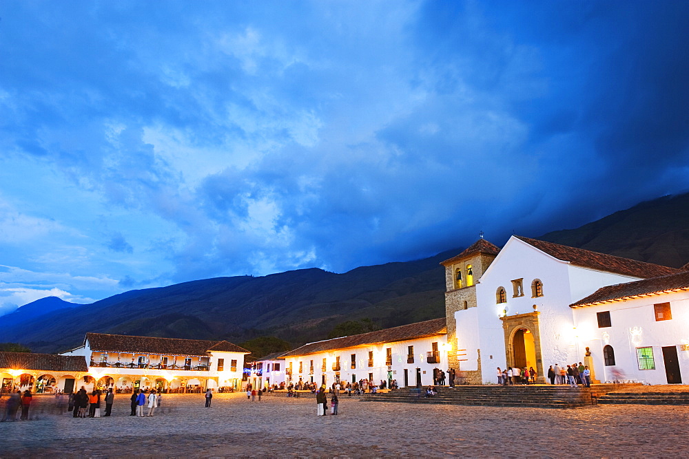 Parish Church in Plaza Mayor, largest public square in Colombia, colonial town of Villa de Leyva, Colombia, South America