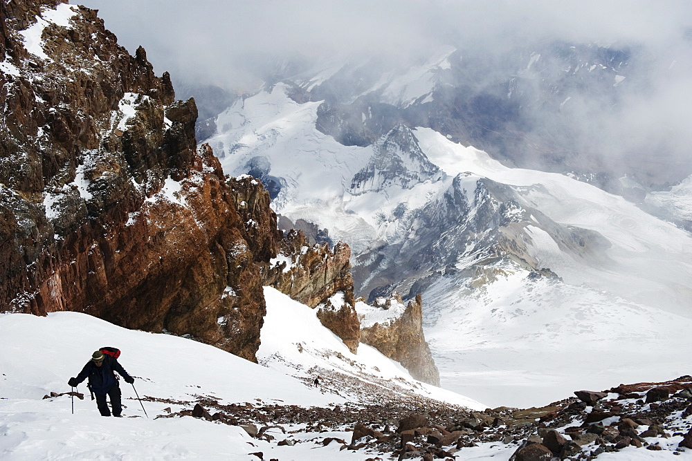 Climber nearing the summit of Aconcagua 6962m, highest peak in South America, Aconcagua Provincial Park, Andes mountains, Argentina, South America