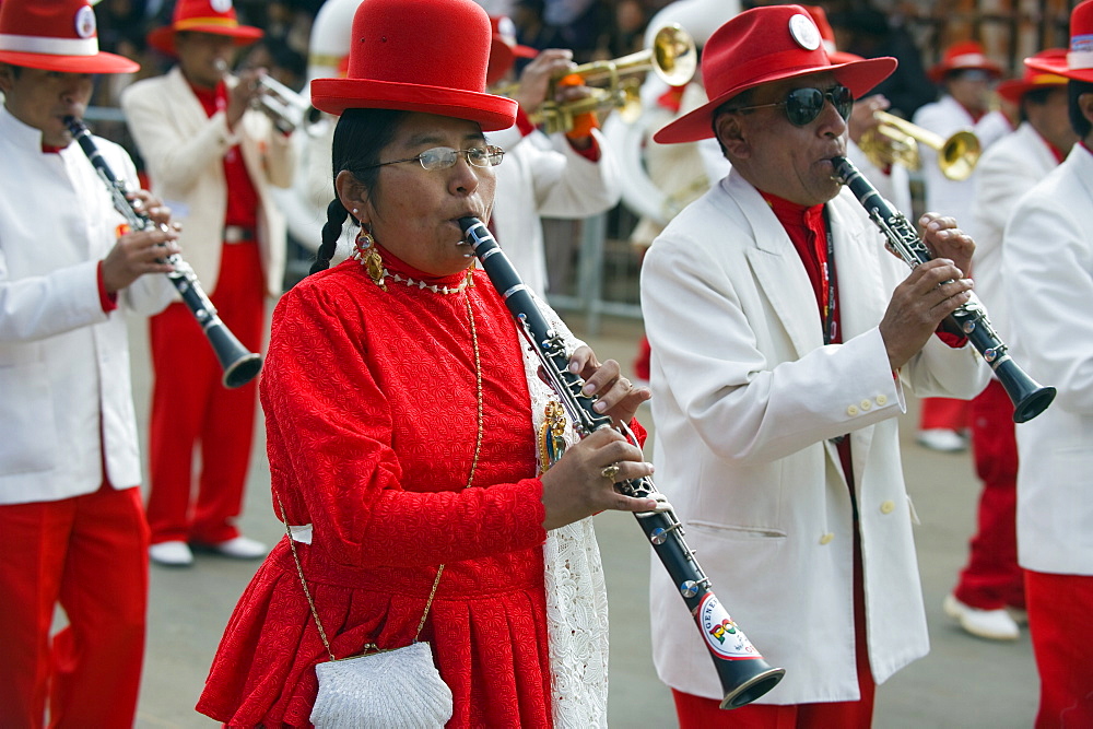 Musicians playing clarinet at Anata Andina harvest festival, Carnival, Oruro, Bolivia, South America