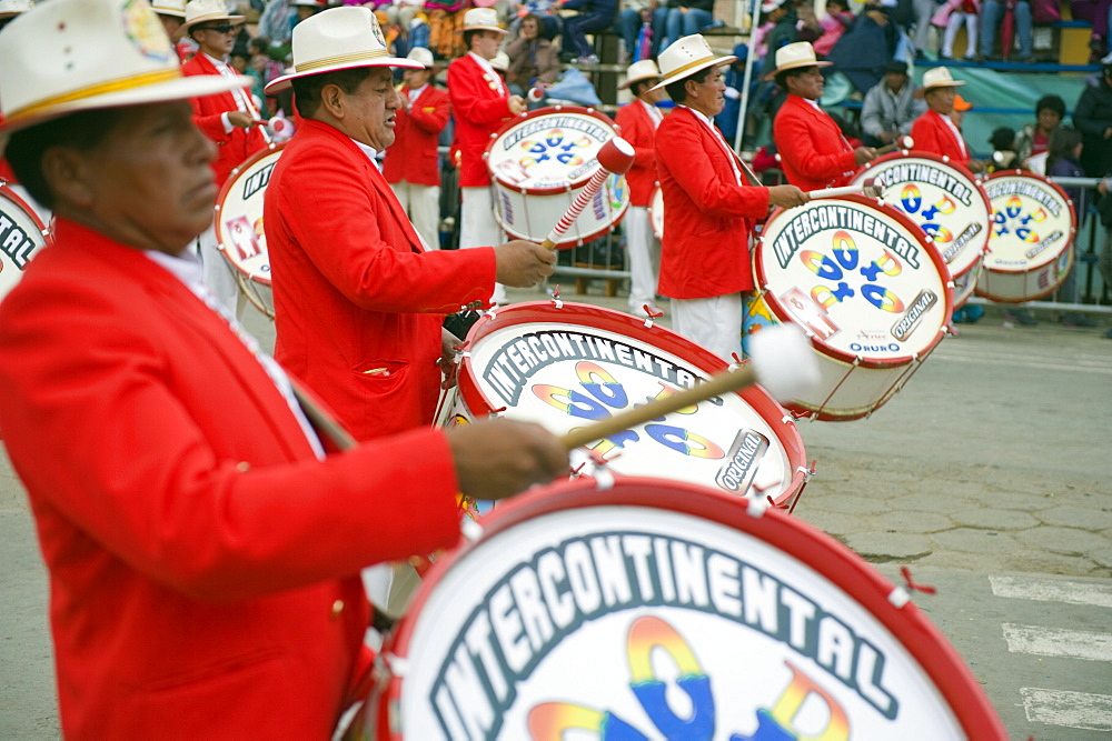 Musicans playing drums at Oruro Carnival, Oruro, Bolivia, South America