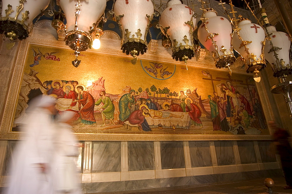 Nuns in front of wall painting of Jesus Christ's death, Church of the Holy Sepulchre, Old Walled City, Jerusalem, Israel, Middle East