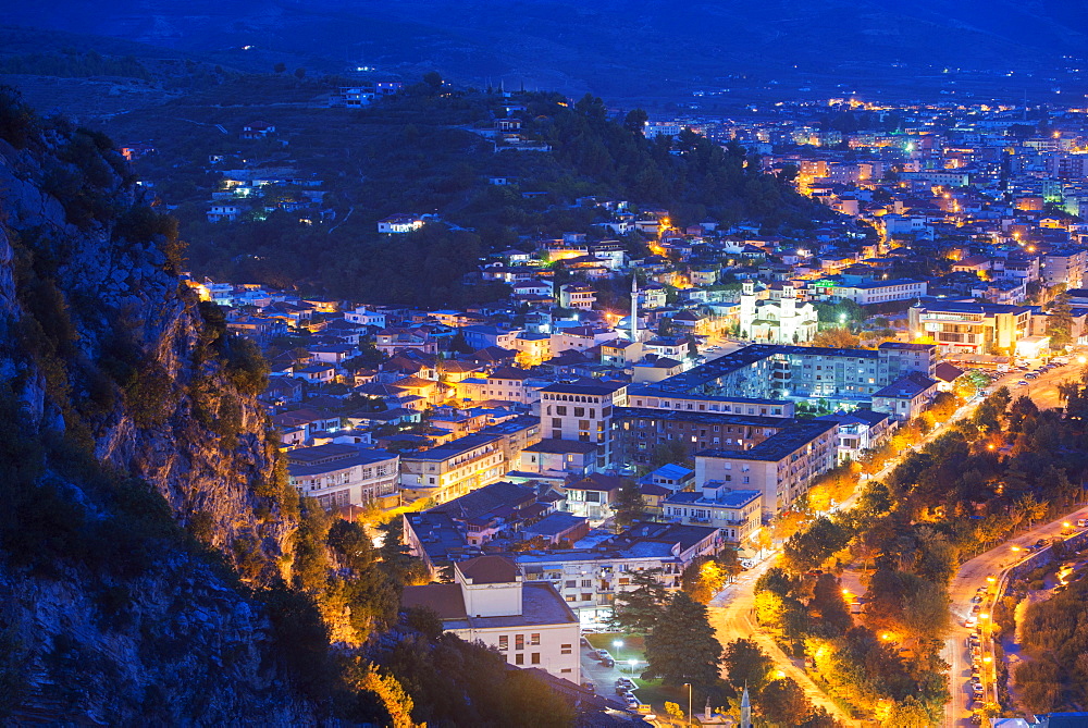 Night view of Berat, UNESCO World Heritage Site, Albania, Europe 