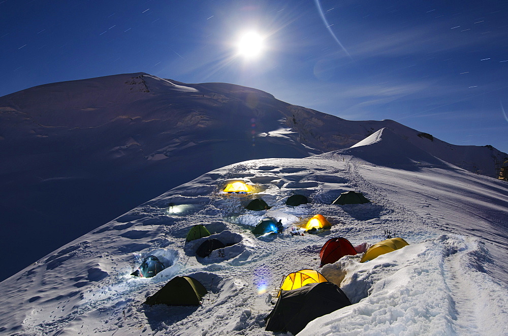 Moonlit tents on Mont Blanc, Haute-Savoie, French Alps, France, Europe 