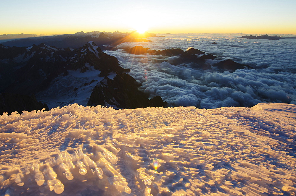 Sunrise from summit of Mont Blanc, 4810m, Haute-Savoie, French Alps, France, Europe