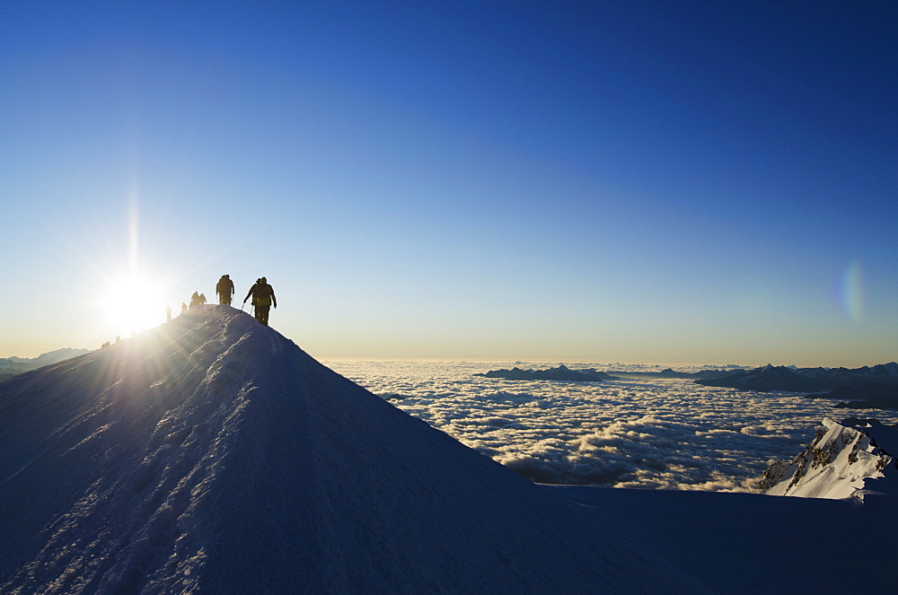 Sunrise from summit of Mont Blanc, 4810m, Haute-Savoie, French Alps, France, Europe 