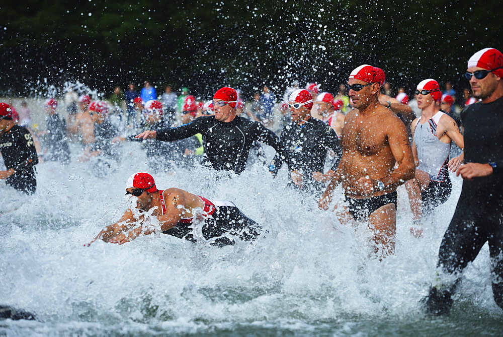 Swimmers at start line, Passy Triathlon, Passy, Haute-Savoie, French Alps, France, Europe