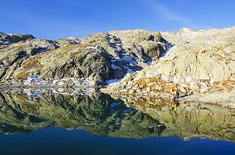 Hiker at Lac Blanc, Chamonix, Haute-Savoie, French Alps, France, Europe 