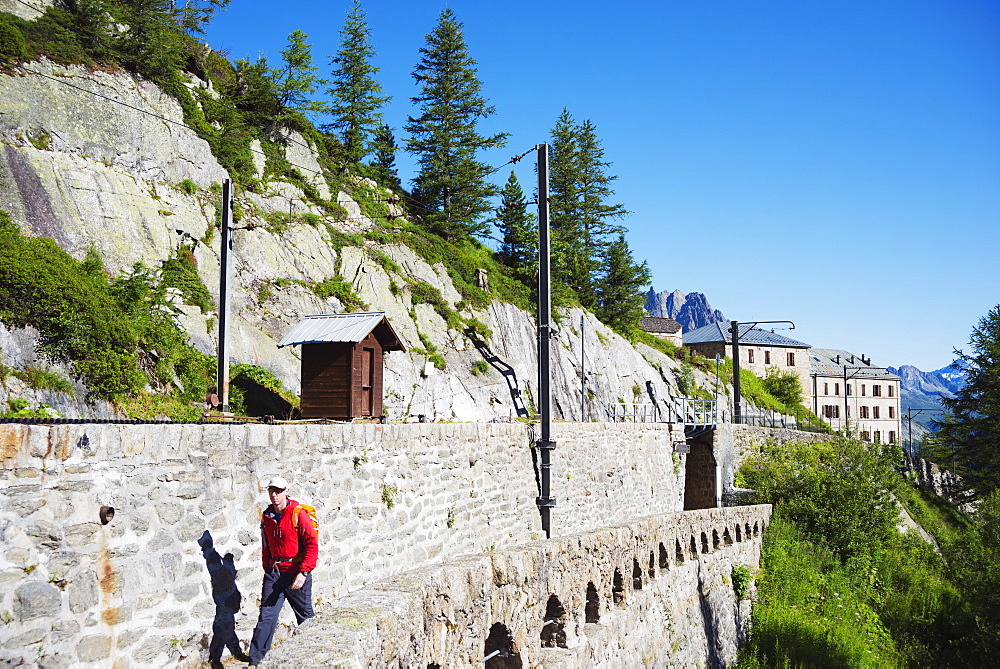 Hiker at Montenvers, Chamonix Valley, Rhone Alps, Haute-Savoie, French Alps, France, Europe 