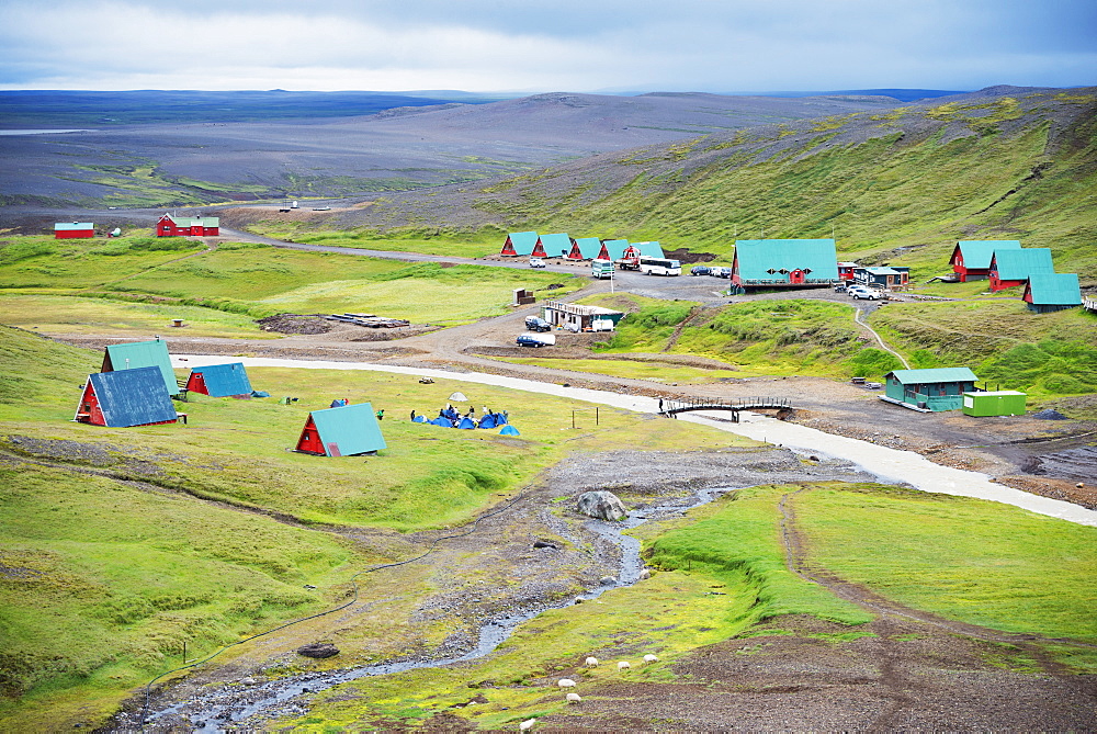 Camping cabins and scenery at Kerlingarfjoll, Interior Region, Iceland, Polar Regions