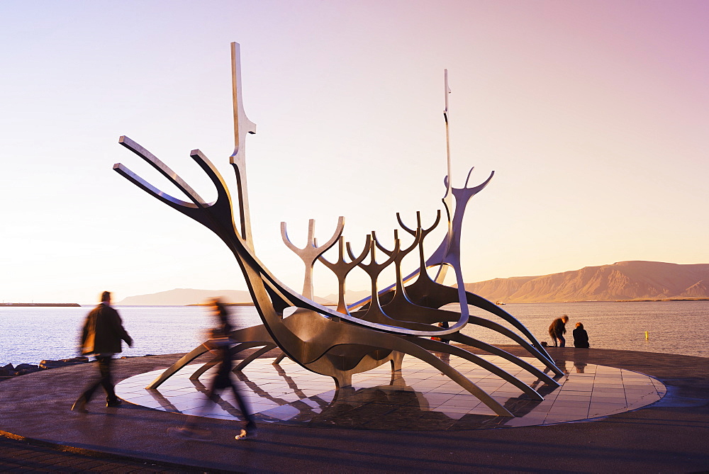 Iceland, Reykjavik, Solfar (Sun Voyager), iconic stainless-steel modern sculpture representing a Viking longboat by Jon Gunnar Arnason