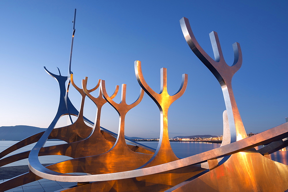 Iceland, Reykjavik, Solfar (Sun Voyager), iconic stainless-steel modern sculpture representing a Viking longboat by Jon Gunnar Arnason