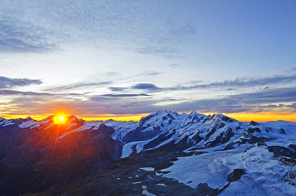 Sunrise view of Monte Rosa from The Matterhorn, Zermatt, Valais, Swiss Alps, Switzerland, Europe