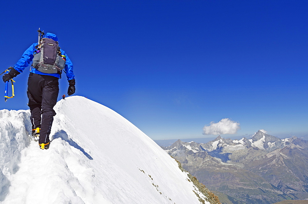 Climber on Breithorn mountain, 4164m, Zermatt, Valais, Swiss Alps, Switzerland, Europe