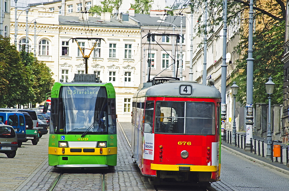 Street trams, historic old town, Poznan, Poland, Europe