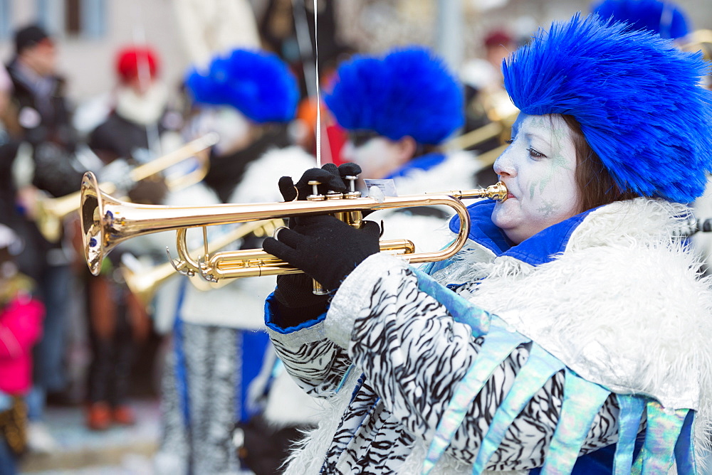 Brass band, Fasnact spring carnival parade, Monthey, Valais, Switzerland, Europe