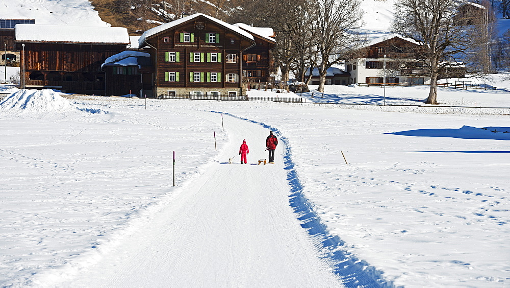 Winter walking trail, Klosters, Graubunden, Swiss Alps, Switzerland, Europe