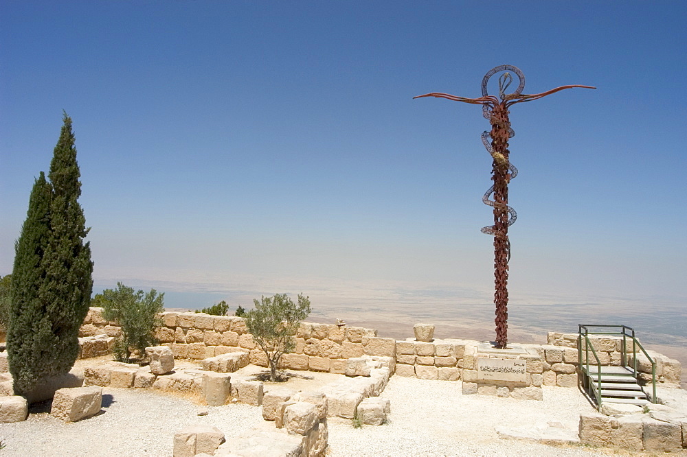 Memorial cross and church ruins, Moses Memorial Church, Mount Nebo, East Bank Plateau, Jordan, Middle East