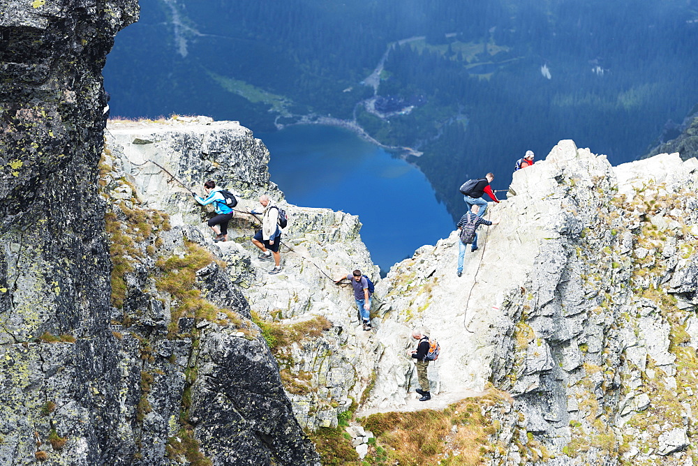 Hikers on Mount Rysy, 2499m, the highest point in Poland, Zakopane, Carpathian Mountains, Poland, Europe 