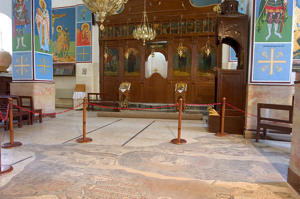 Mosaic map dating from 560 AD on the floor of St. George's Church, Madaba, Jordan, Middle East