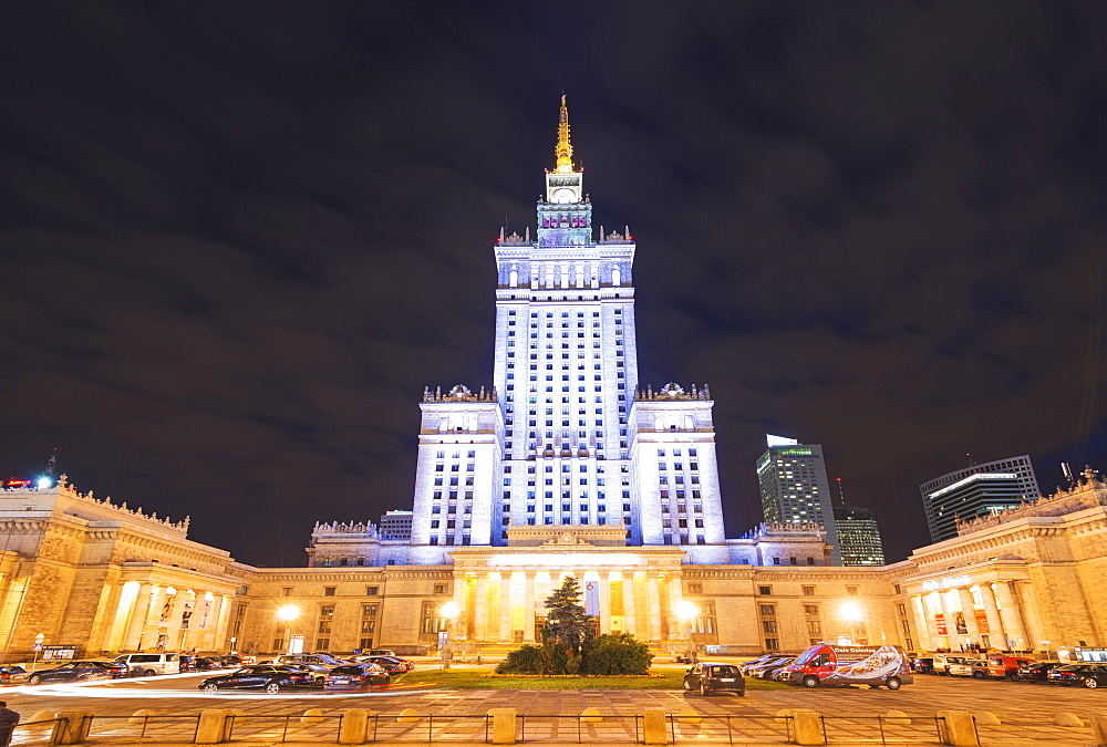 Palace of Culture and Science at night, Warsaw, Poland, Europe 