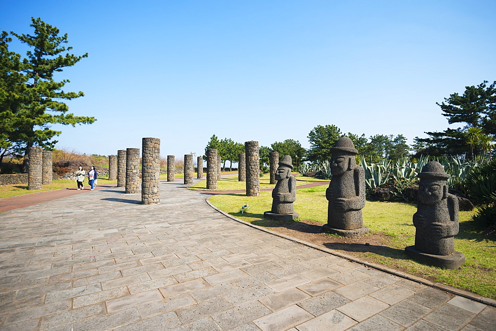 Dol hareubang (harubang) protection and fertility statues, Seogwipo City, Jeju Island, South Korea, Asia