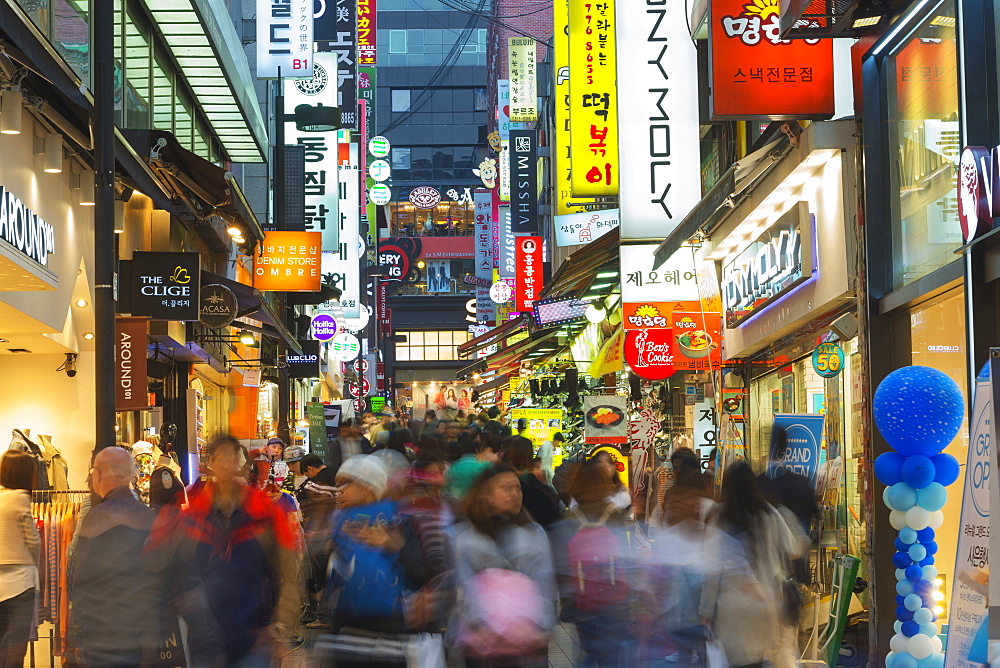 Neon lit streets of Myeong-dong, Seoul, South Korea, Asia