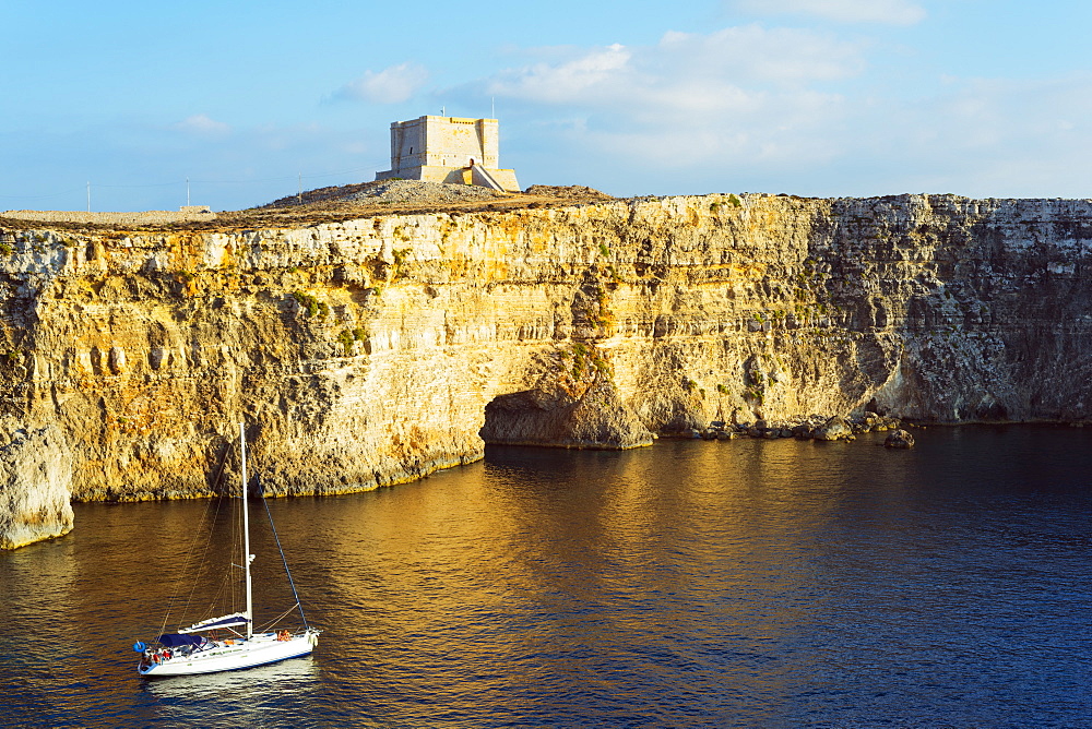 Cliff top watch tower, Comino island, Malta, Mediterranean, Europe