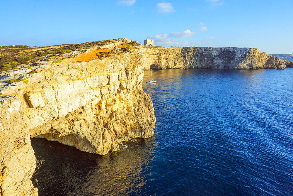 Cliff top watch tower, Comino island, Malta, Mediterranean, Europe