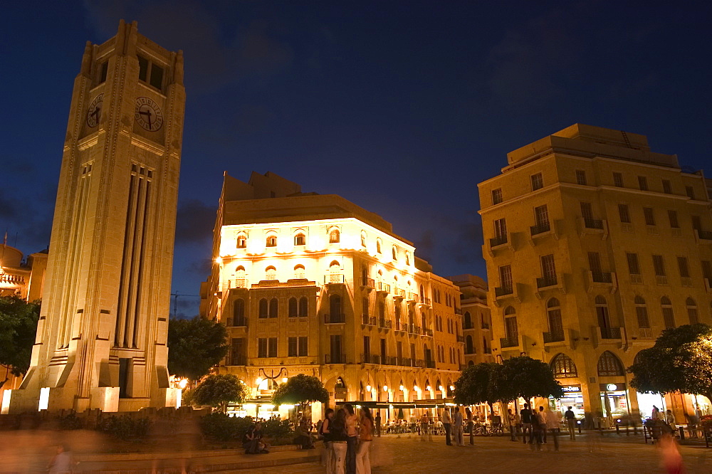 Clock tower in Place d'Etoile (Nejmeh Square) at night, downtown, Beirut, Lebanon, Middle East