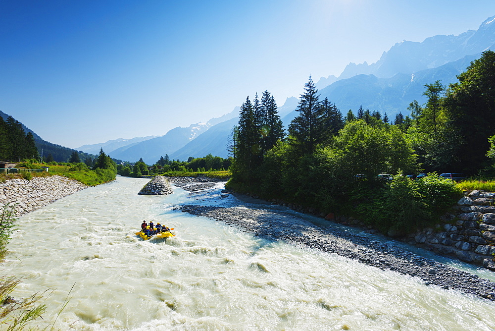 River rafting below Mont Blanc, Chamonix Valley, Rhone Alps, Haute Savoie, France, Europe